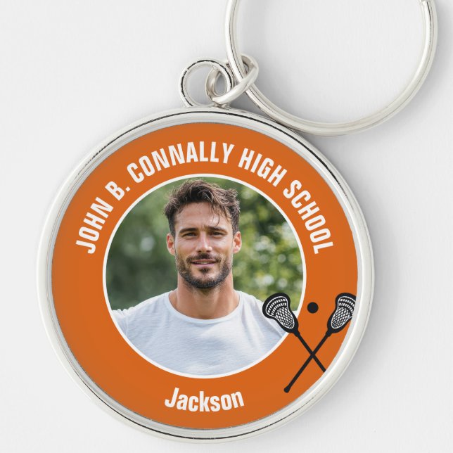 Orange Lacrosse Player Photo High School Keychain (Front)