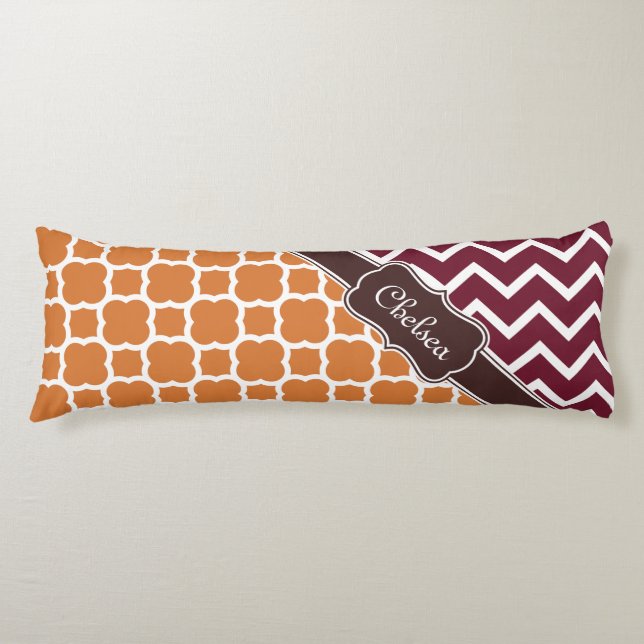 Orange Lattice Maroon Chevron Patterns Brown Name Body Pillow (Front)