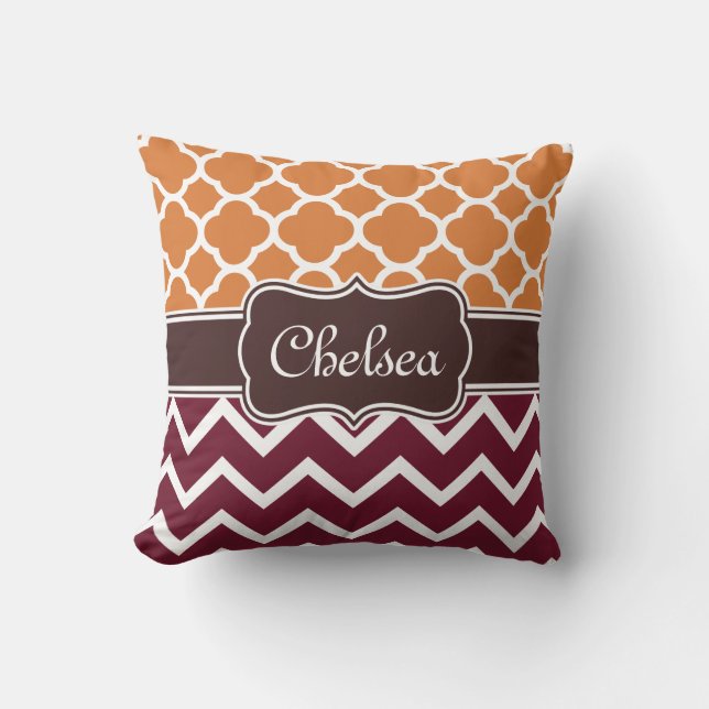 Orange Lattice Maroon Chevron Patterns Brown Name Throw Pillow (Front)