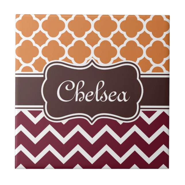 Orange Lattice Maroon Chevron Patterns Brown Name Tile (Front)