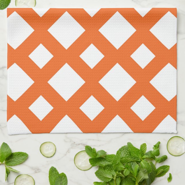 Orange Lattice on White Kitchen Towel (Folded)