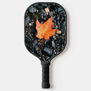Orange Leaf on Black Rocks Pickleball Paddle