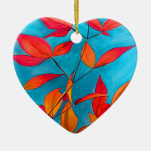 Orange leaves Autumn original watercolour art Ceramic Ornament