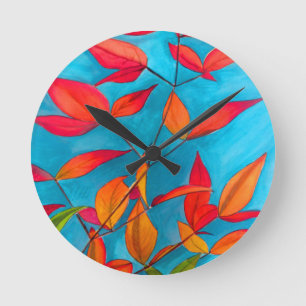 Orange leaves Autumn original watercolour art Round Clock