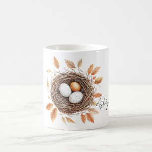 Orange Leaves Bird Nest with Eggs Coffee Mug