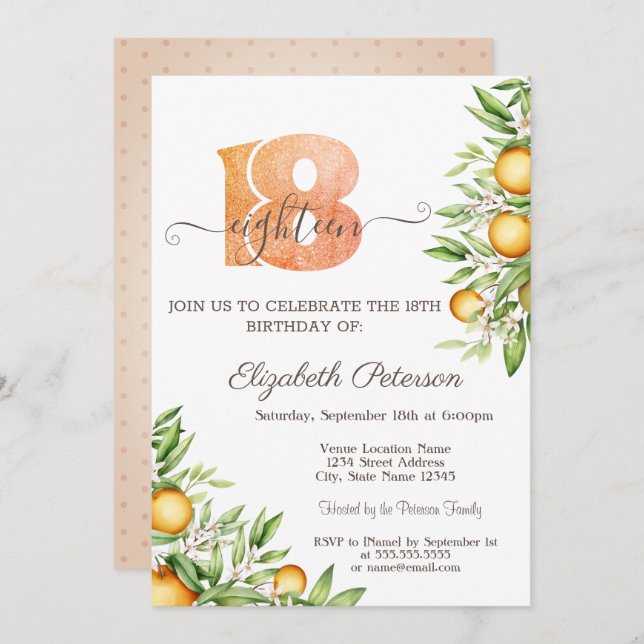 Orange Leaves Citrus 18th Birthday  Invitation (Front/Back)