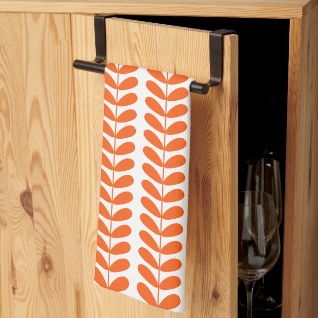 Orange Leaves On Plant Retro Mid Century Pattern Kitchen Towel (Thirds Fold)