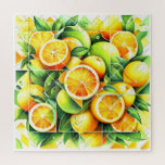 Orange Lemon Botanical Citrus Geometric Jigsaw Puzzle<br><div class="desc">Geometric fresh oranges and lemons surrounded by lush green leaves.</div>