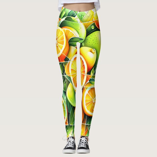 Orange Lemon Botanical Citrus Geometric Leggings (Front)