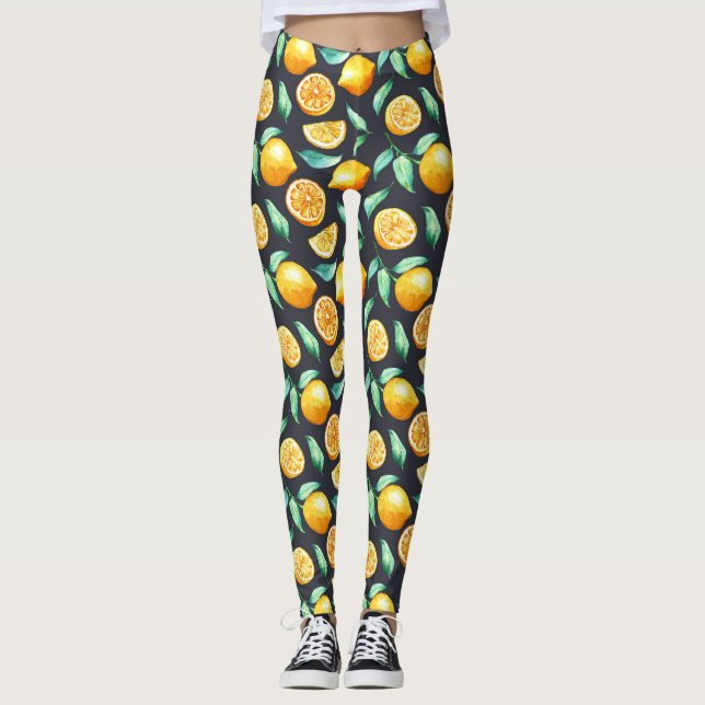 Orange Lemons Green Leaves Black Leggings (Front)