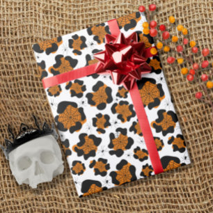 Orange Leopard Print Spider Pattern Halloween Wrapping Paper