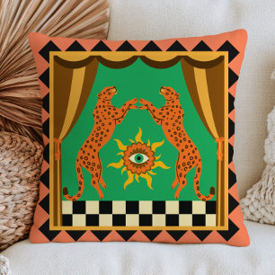 Orange Leopards Chequered Dopamine Aesthetic Retro Throw Pillow