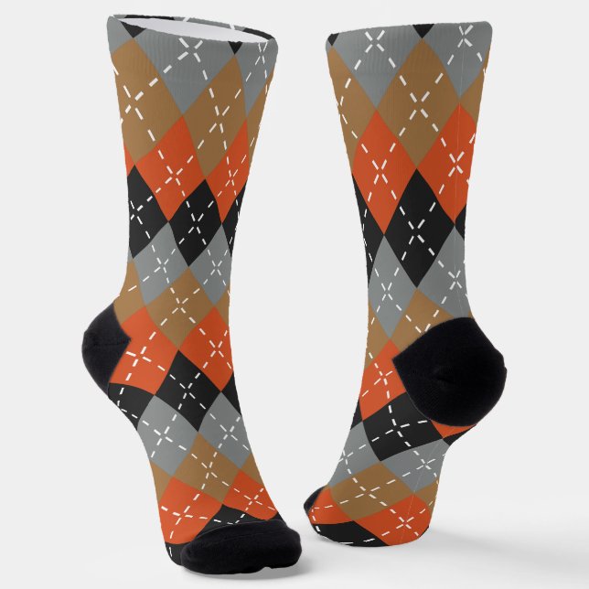 Orange Light Grey Tan Off Black Argyle Socks (Angled)