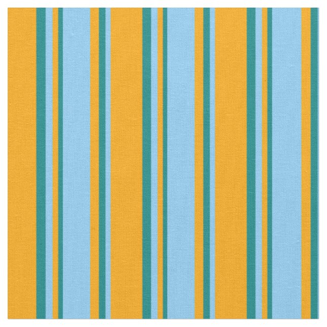 Orange, Light Sky Blue & Teal Coloured Stripes Fabric (Close Up)