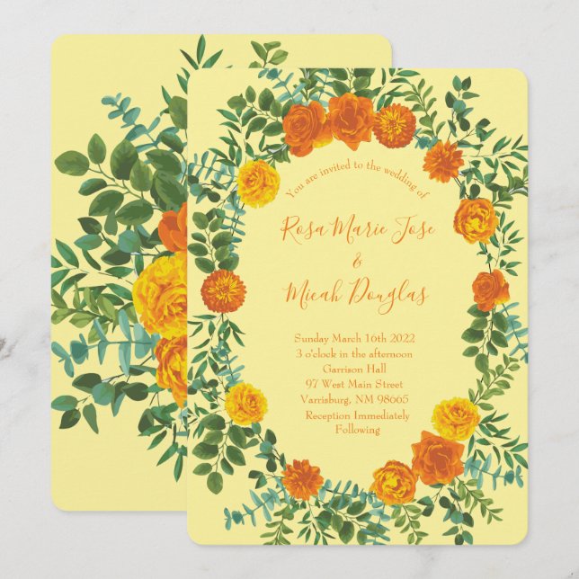 Orange Light Yellow Peony Rose Floral Wedding Invitation (Front/Back)