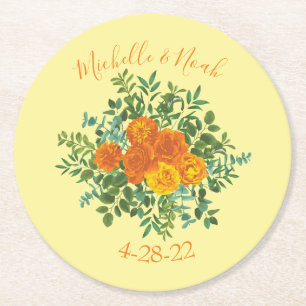 Orange & Light Yellow Peony & Rose Floral Wedding Round Paper Coaster