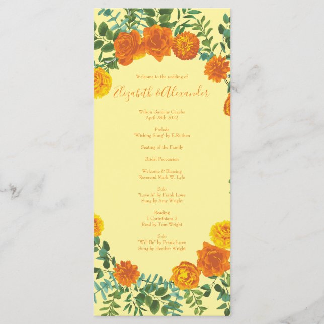 Orange Light Yellow Peony Rose Wedding Programs (Front)