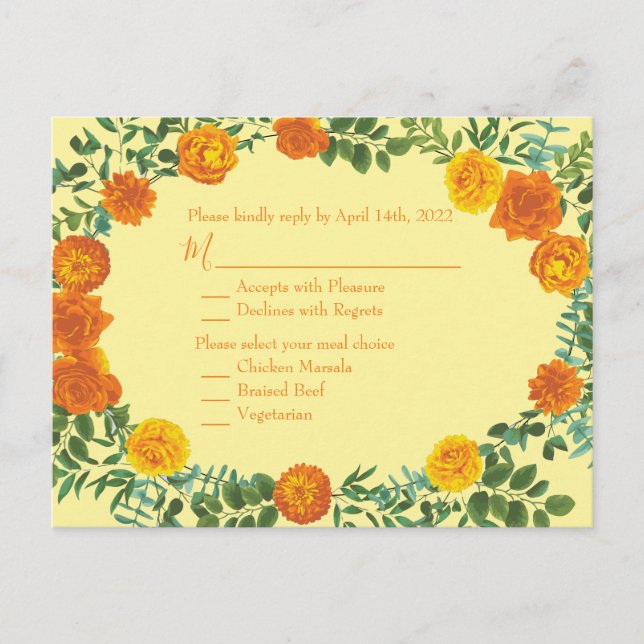 Orange & Light Yellow Peony Rose Wedding Reply Postcard (Front)