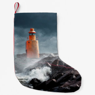 ORANGE LIGHTHOUSE ON ROCK SMALL CHRISTMAS STOCKING