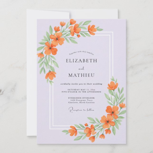 Orange Lilac Leafy Wedding Invitation (Front)