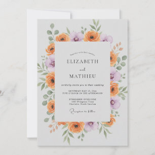 Orange Lilac Ranunculus Eucalyptus Wedding Invitation
