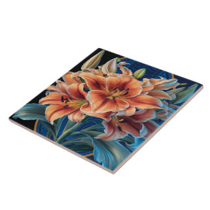 Orange Lilies Bloom on Blue Tile
