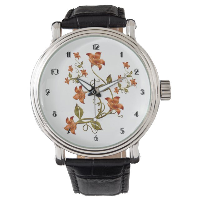 Orange Lillies Floral Pattern Wrist Watch (Front)