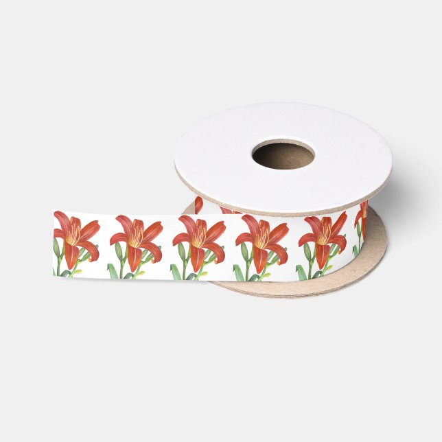 Orange Lily Botanical Illustration Satin Ribbon (Spool)
