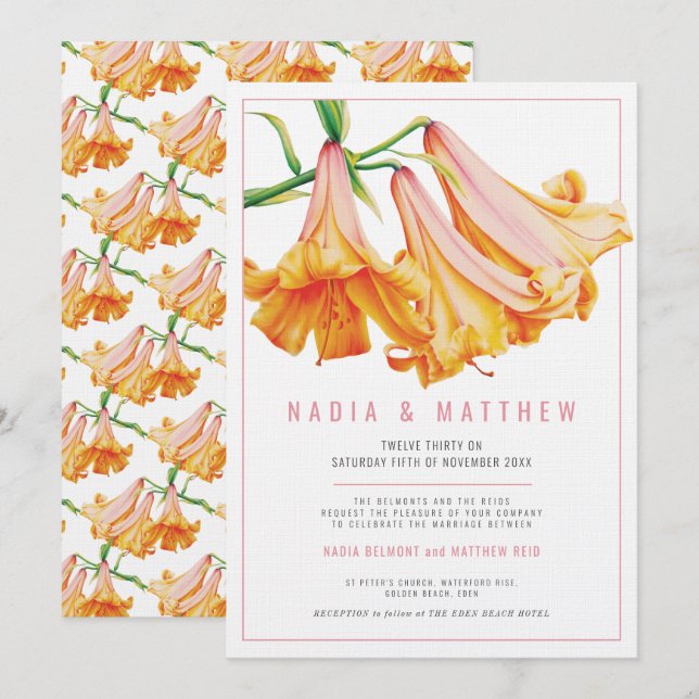 Orange lily flower watercolor wedding invitation (Front/Back)