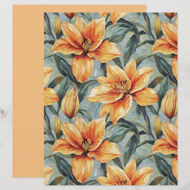 Orange Lily on Sage Green Scrapbook Paper (Front/Back)