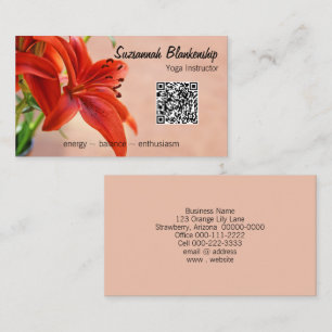 Orange Lily Photo Custom QR Code Yoga Instructor Business Card