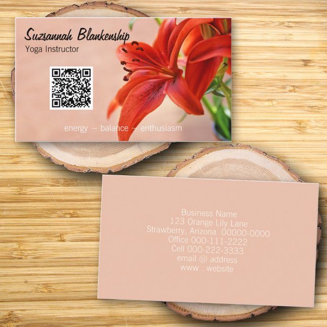 Orange Lily Photo Custom QR Code Yoga Instructor Business Card (front and back business card design)