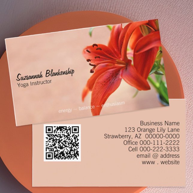 Orange Lily Photo Yoga Instructor QR Code Business Card (business card front and back with qr code)