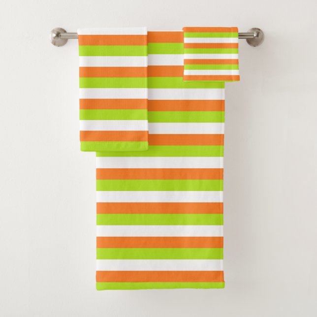 Orange, Lime Green and White Stripes Bath Towel Set (Insitu)