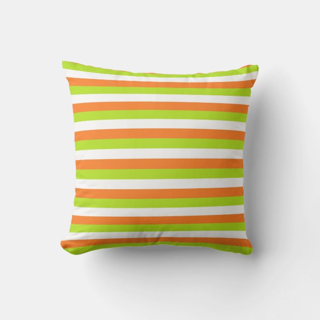 Orange, Lime Green and White Stripes Throw Pillow (Front)