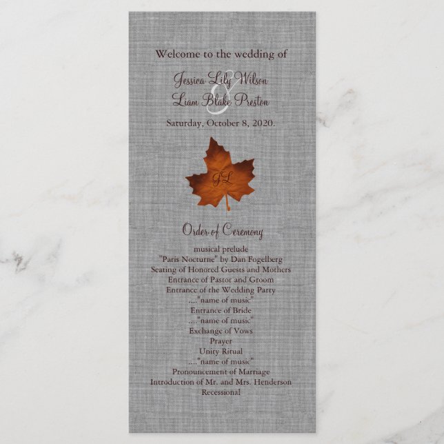 Orange Linen Monogrammed Wedding Program (Front)