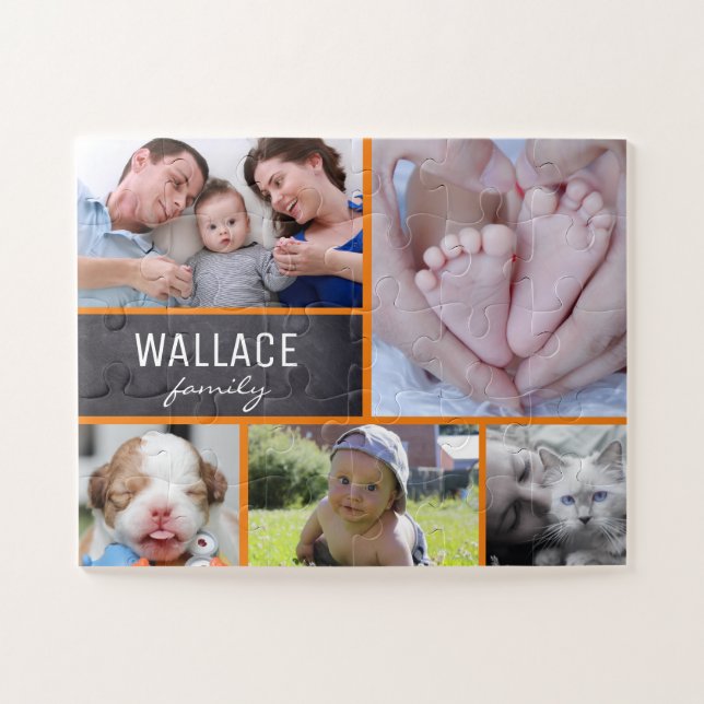 Orange Lines Collage family photos and name Jigsaw Puzzle (Horizontal)
