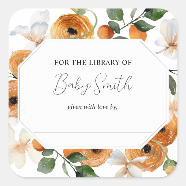 Orange Little Cutie Baby Shower Bookplate Square Sticker (Front)