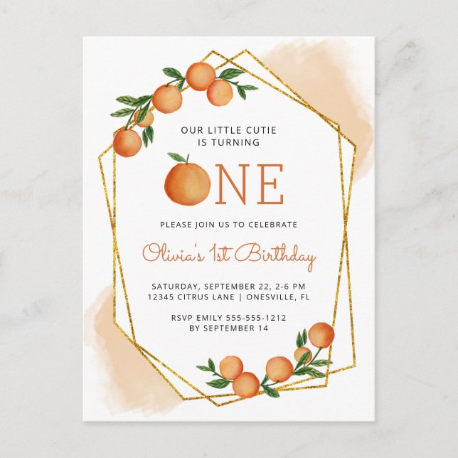 Orange Little Cutie Citrus 1st Birthday Invitation Postcard (Front)