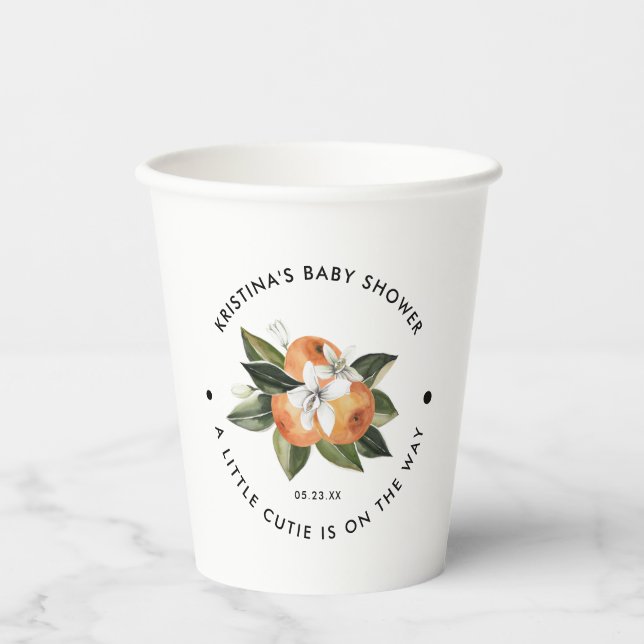 Orange Little Cutie Is On The Way Baby Shower Paper Cups (Front)