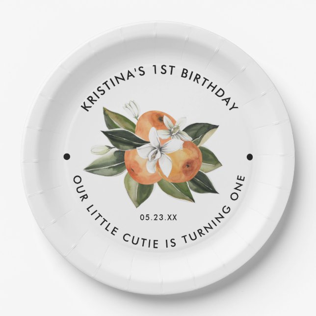 Orange Little Cutie Is One 1st Birthday Party Paper Plate (Front)