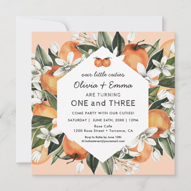 Orange Little Cuties Twins Birthday Party Invitation (Front)