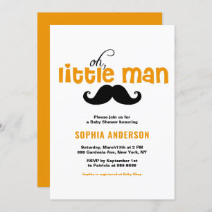 Orange Little Man Moustache Baby Shower Invitation