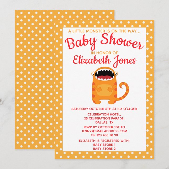 Orange Little Monster Baby Shower Invitation (Front/Back)