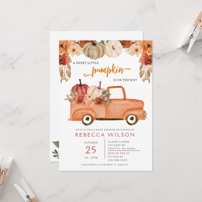 Orange Little Pumpkin Gender Neutral Baby Shower Invitation (Front/Back In Situ)