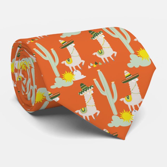 Orange Llamas in Sombreros Funny Pattern Tie (Rolled)