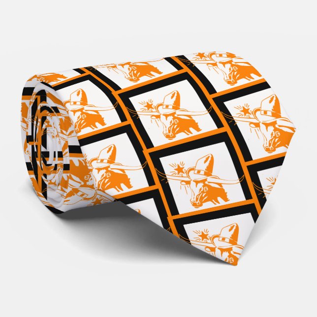 Orange Longhorn Steer with Cowboy Hat Black Trim Tie (Rolled)