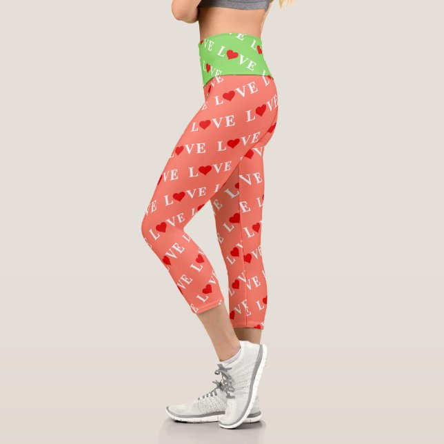 Orange LOVE and Red Heart Pattern Elegant Romantic Capri Leggings (Left)