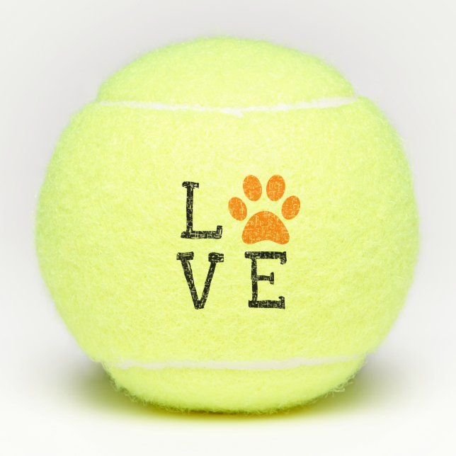 Orange LOVE Paw Print Tennis and Animal Lover Tennis Balls (Front)