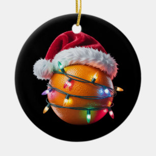 Orange Lover Fruit Christmas Lights Santa Hat Ceramic Ornament